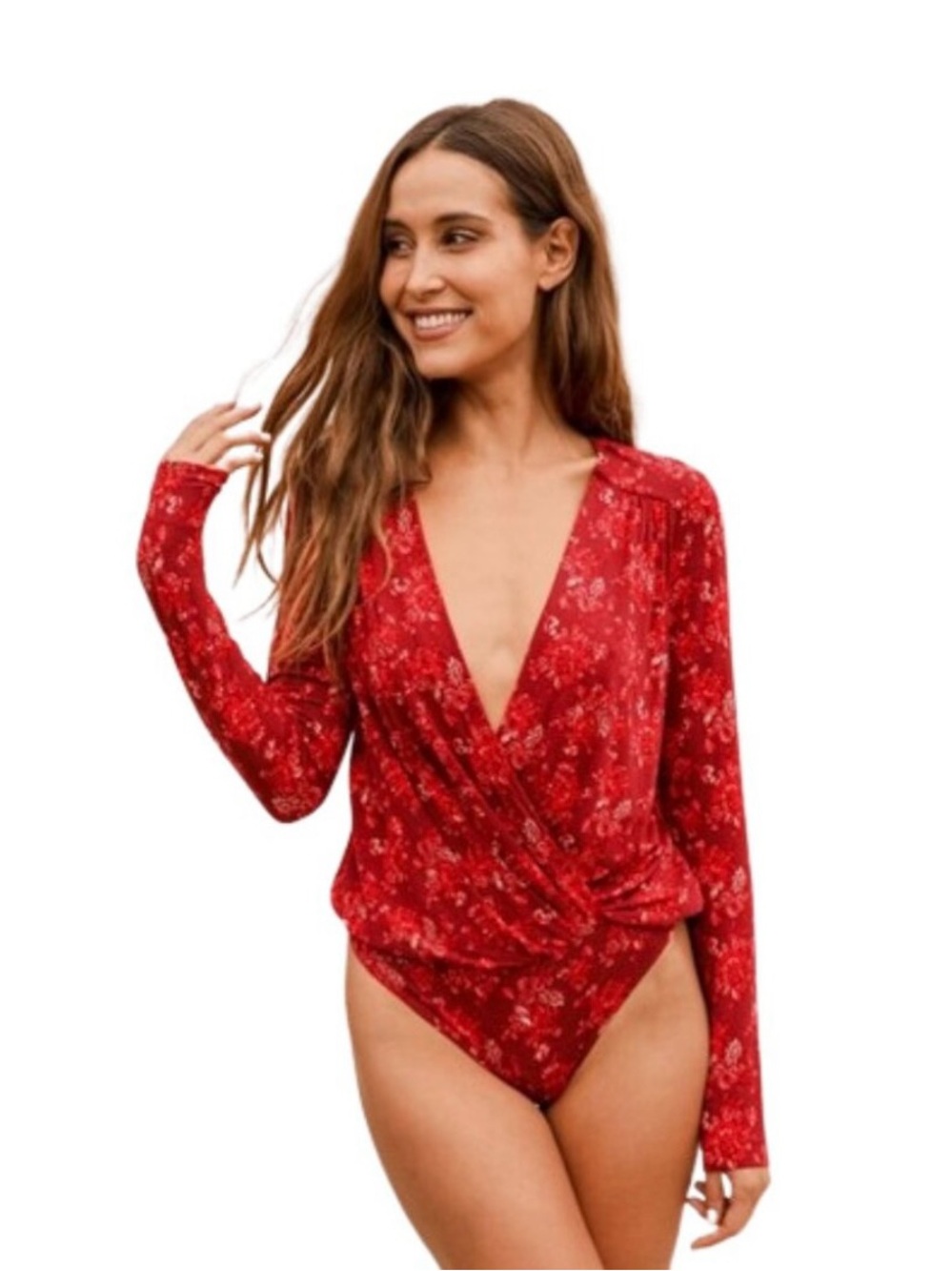 Free People turnt red floral print long sleeve bodysuit size medium NWOT - Picture 3 of 11